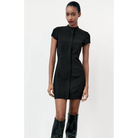 Zara Black Short Sleeve Tailored Mock Neck Zip Up Mini Bodycon Dress Size S - Picture 1 of 5